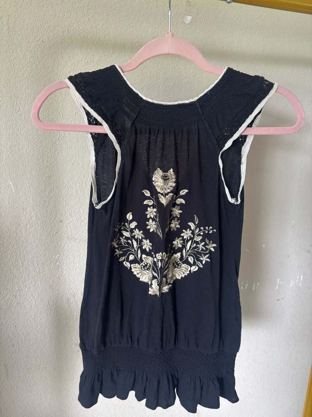 Free People Sleeveless Embroidered Ruffle Hem Tunic Top indie bohemian festival